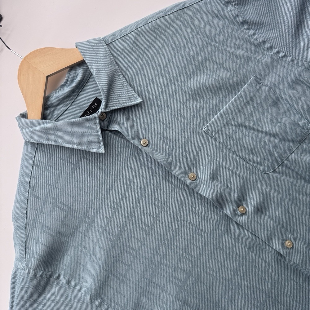 Van Heusen Shirt Mens XL Blue Textured Grid Short Sleeve Casual Button Up Pocket